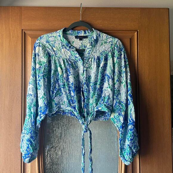 Rachel Roy blue and white Midriff floral blouse blue/white/green - Picture 2 of 5